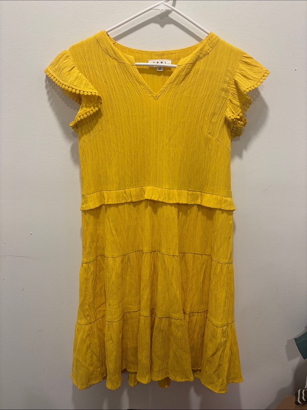 THML Mustard Yellow Tiered Ruffle Sleeve Boho Dress Size XS
